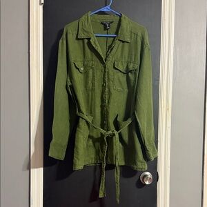 Tahari Green Linen Button Down Belted Utility Shacket Size: L